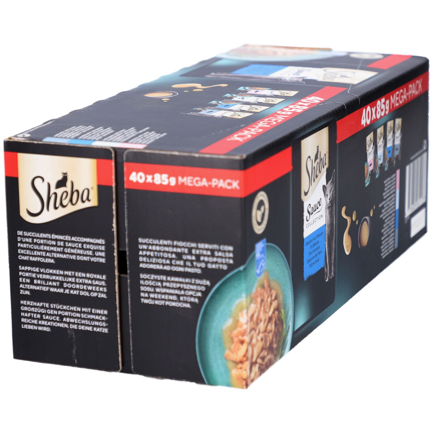 Grand paquet Sheba Sauce Collection. Contient 40 sachets de 85g. Emballage noir avec image du produit et logo.