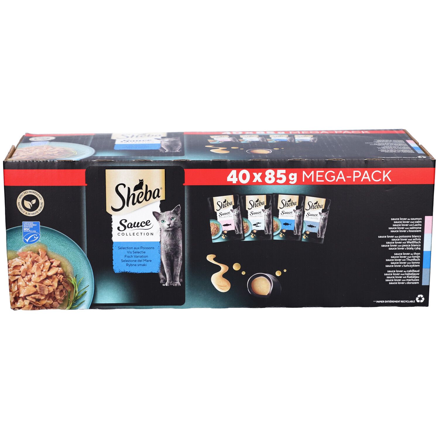 Grand paquet Sheba Sauce Collection. Contient 40 sachets de 85g. Emballage noir avec image du produit et logo.