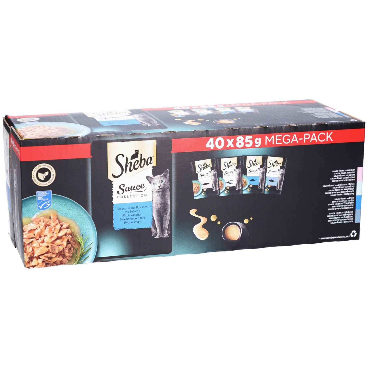 Grand paquet Sheba Sauce Collection. Contient 40 sachets de 85g. Emballage noir avec image du produit et logo.