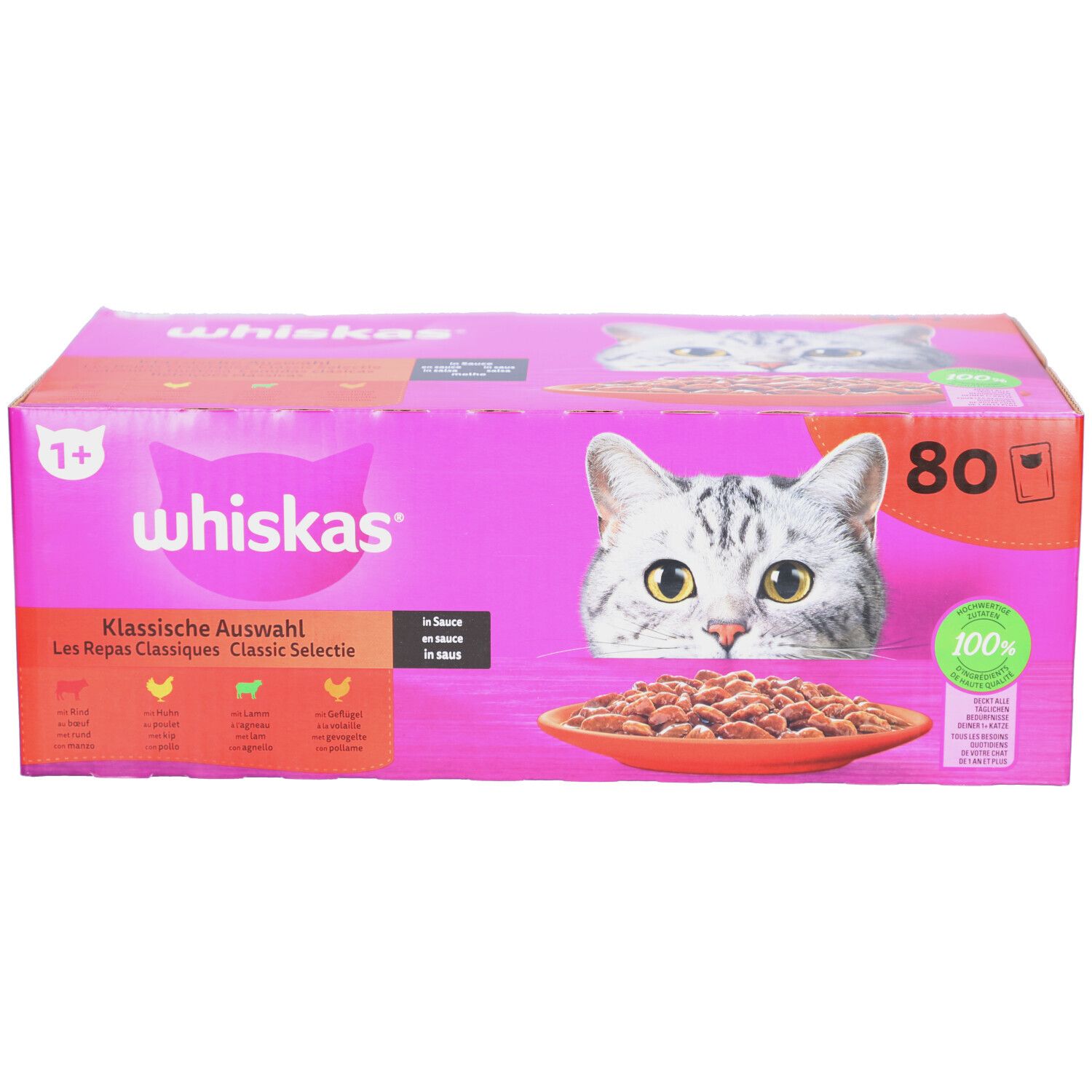 Boîte rose Whiskas 1+ Classic. Tête de chat et nourriture visibles. Contient 80 sachets. Texte: "100%"