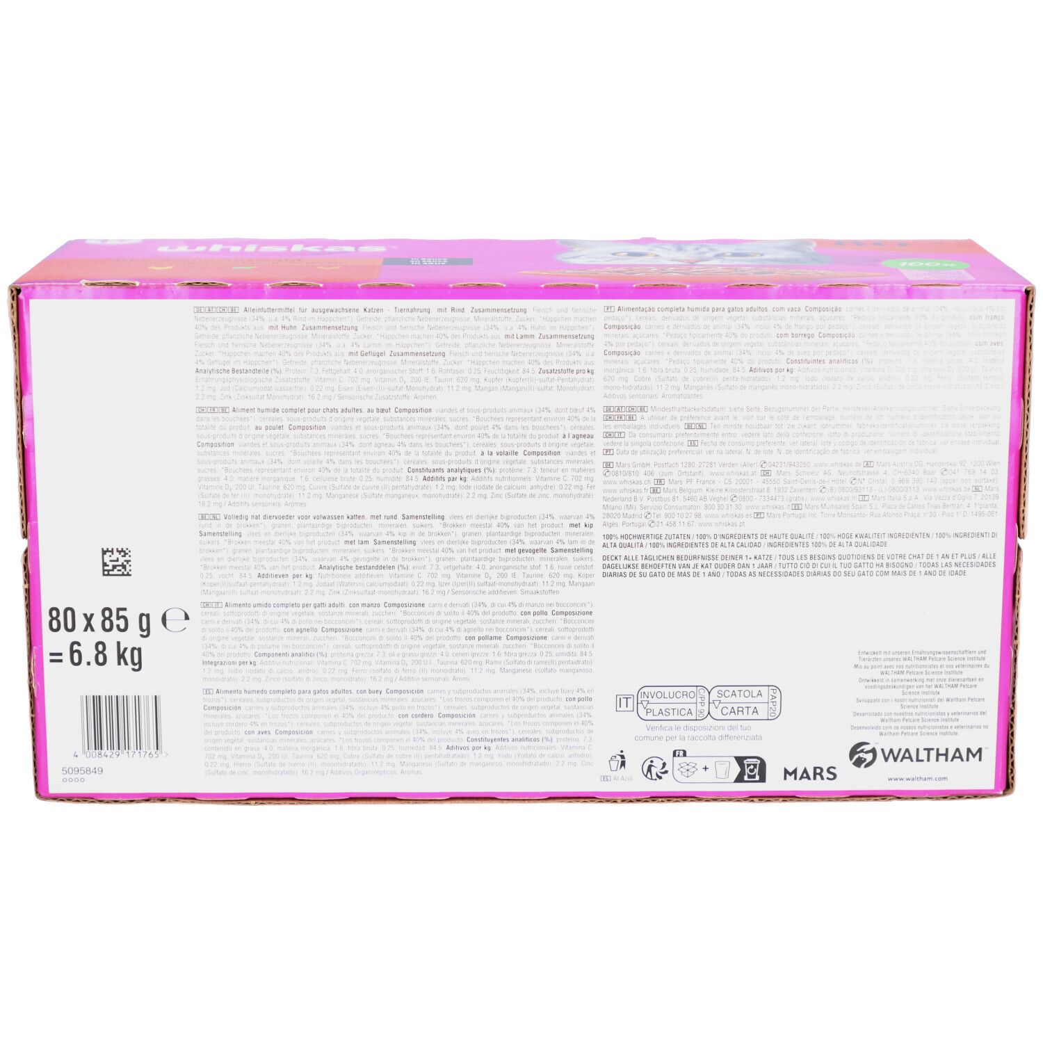 Dos de la boîte Whiskas 1+. Contient du texte et des informations. Poids: 80x85g = 6.8kg. Logos Mars et Waltham.