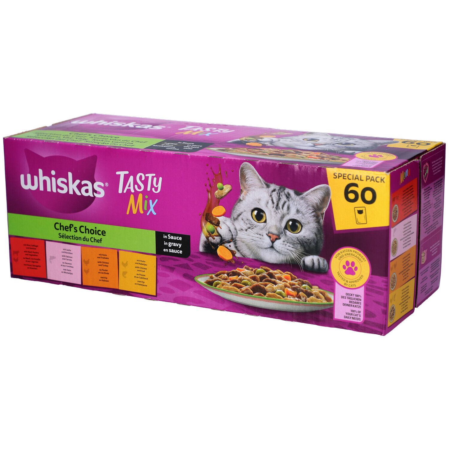 Grand carton WHISKAS Tasty Mix. Inscription Chef's Choice, 60 sachets. Image d'un chat et de nourriture.
