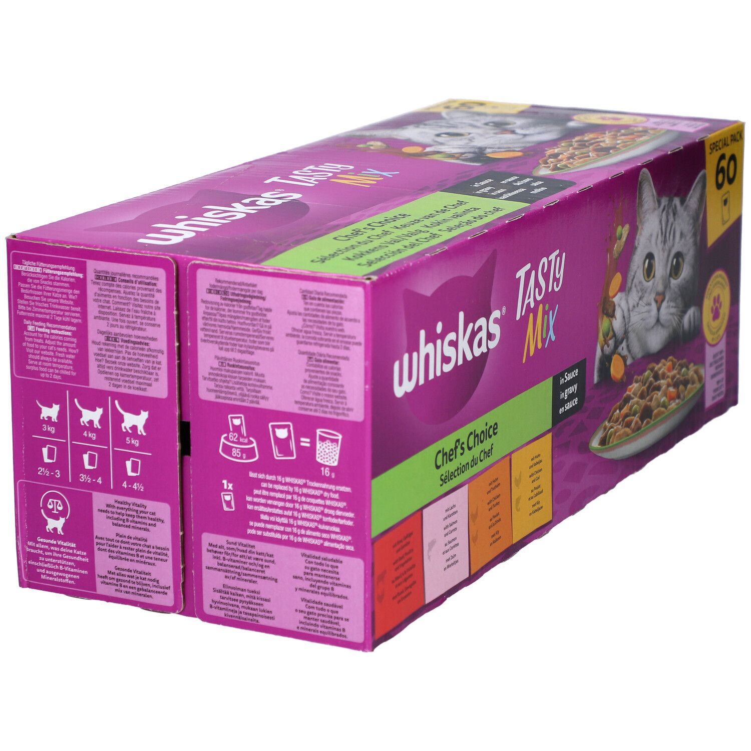 Carton WHISKAS Tasty Mix, vue latérale. Inscription Chef's Choice. Images de nourriture et recommandations d'alimentation.
