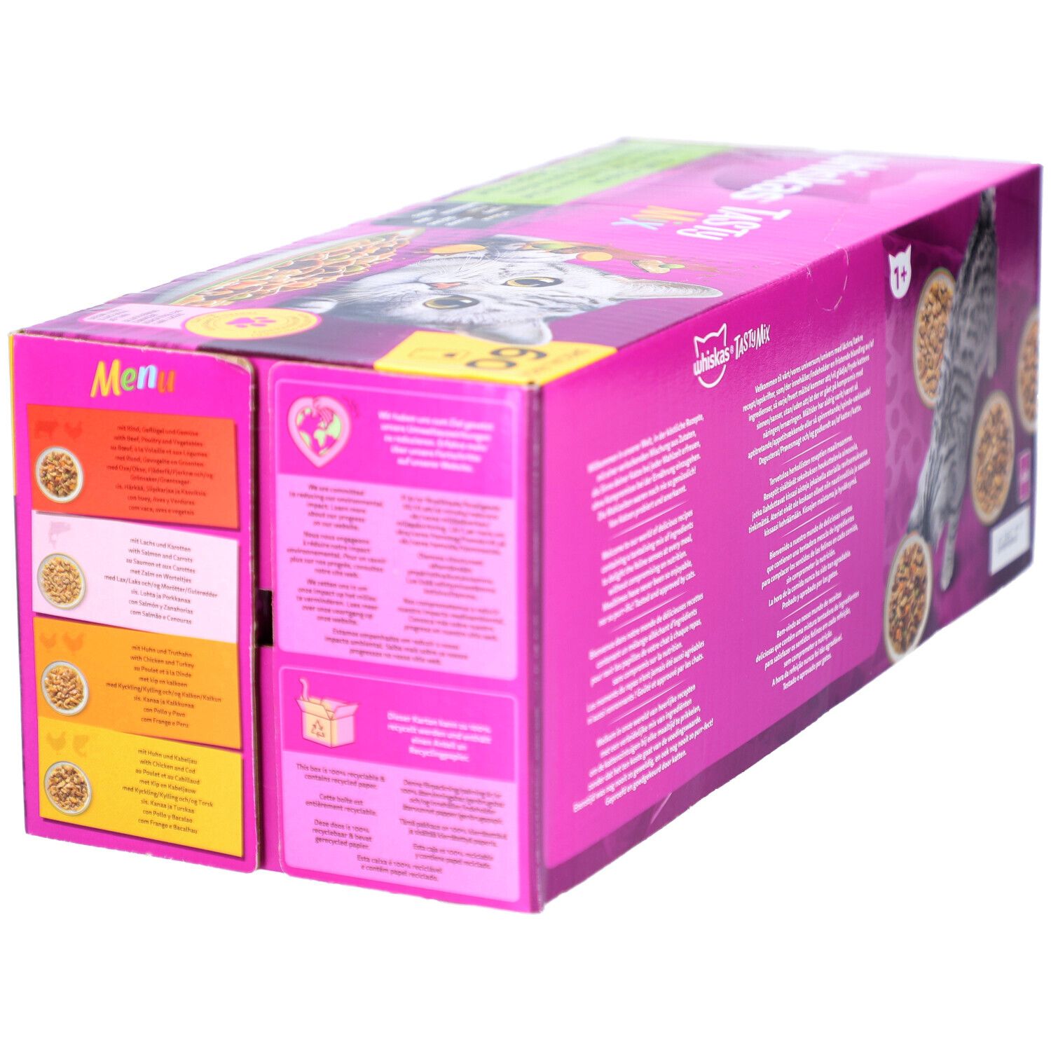 Carton WHISKAS Tasty Mix, vue latérale. Inscription Chef's Choice. Images de nourriture et recommandations d'alimentation.