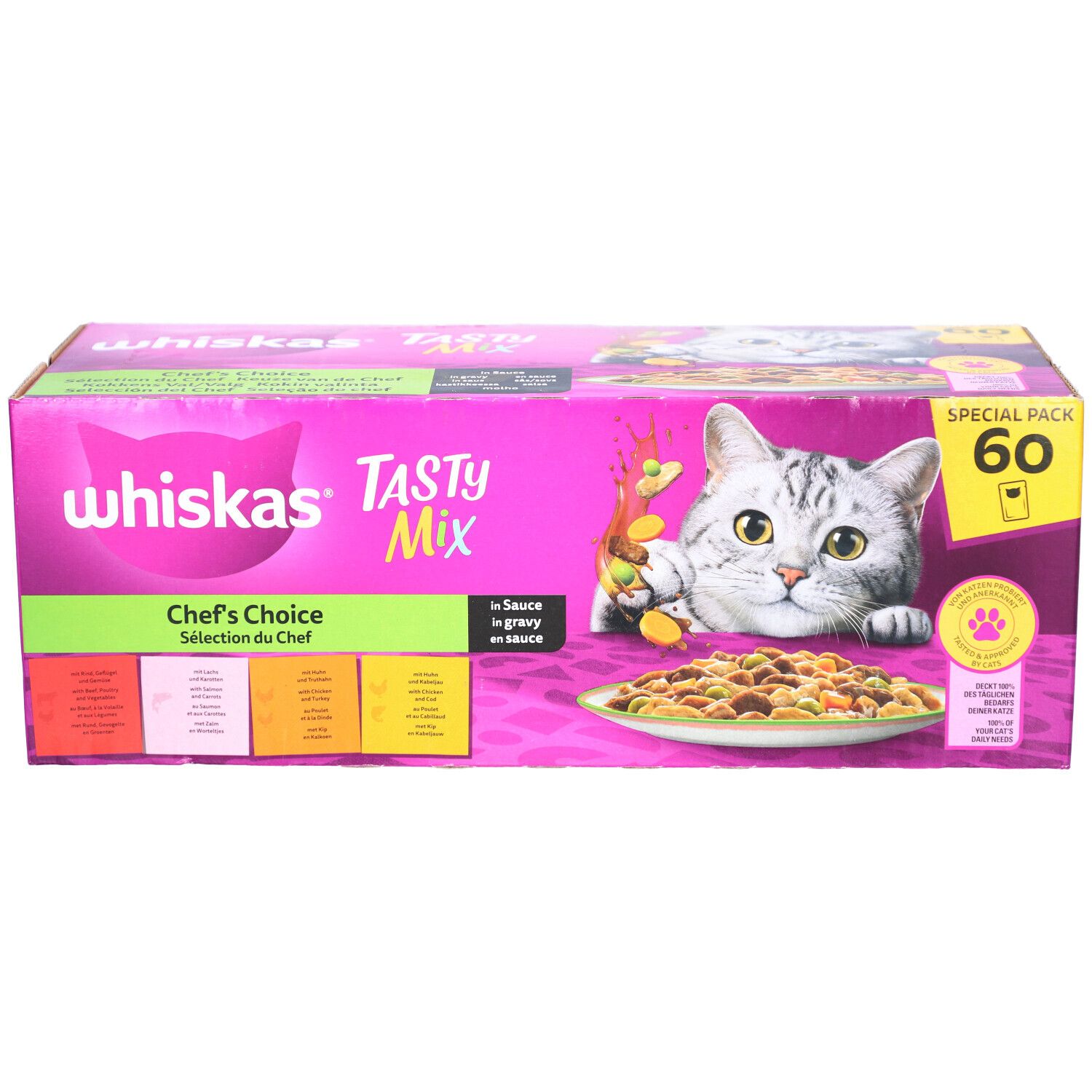 Carton WHISKAS Tasty Mix. Inscription Chef's Choice, 60 sachets. Image d'un chat et de nourriture.
