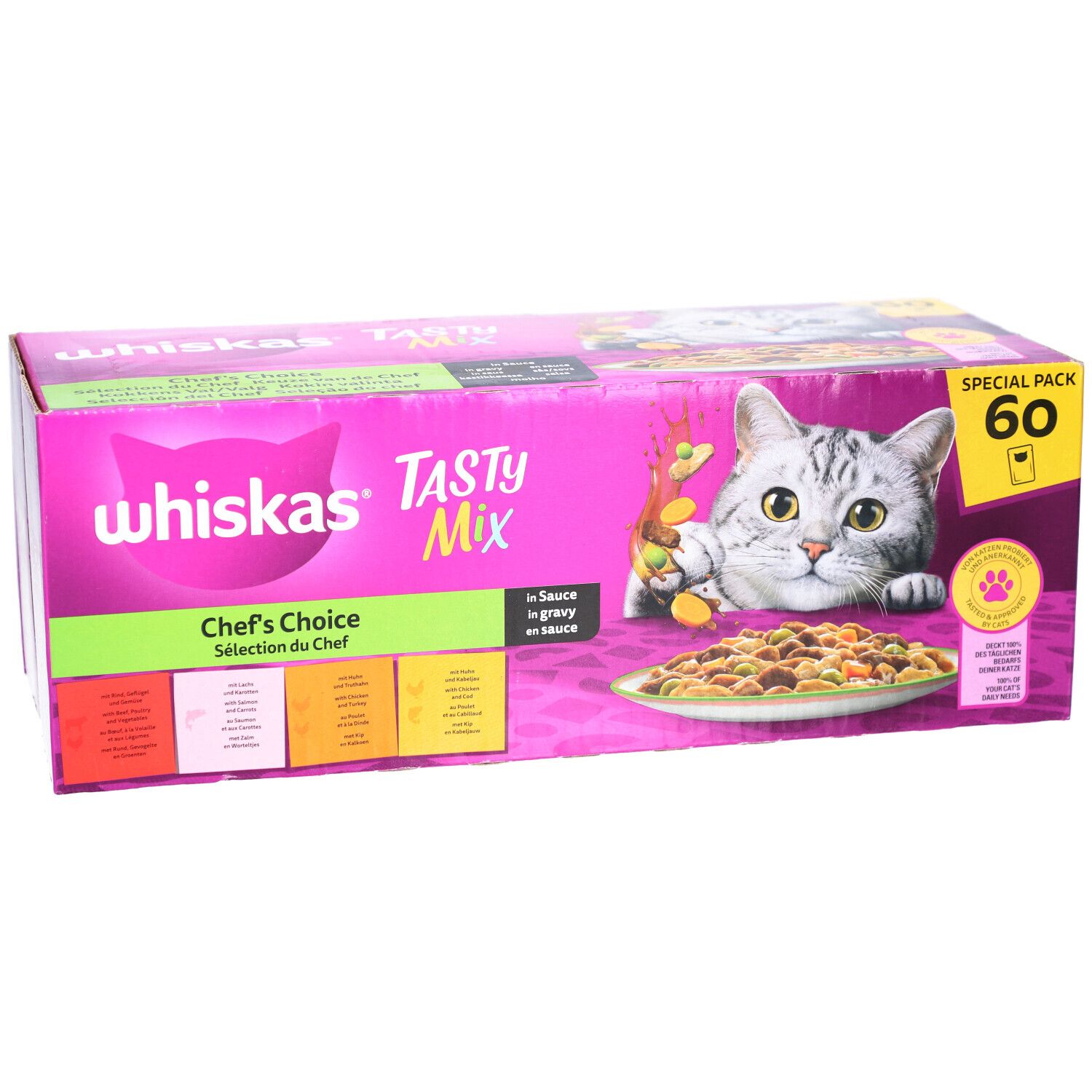 Carton WHISKAS Tasty Mix. Inscription Chef's Choice, 60 sachets. Image d'un chat et de nourriture.