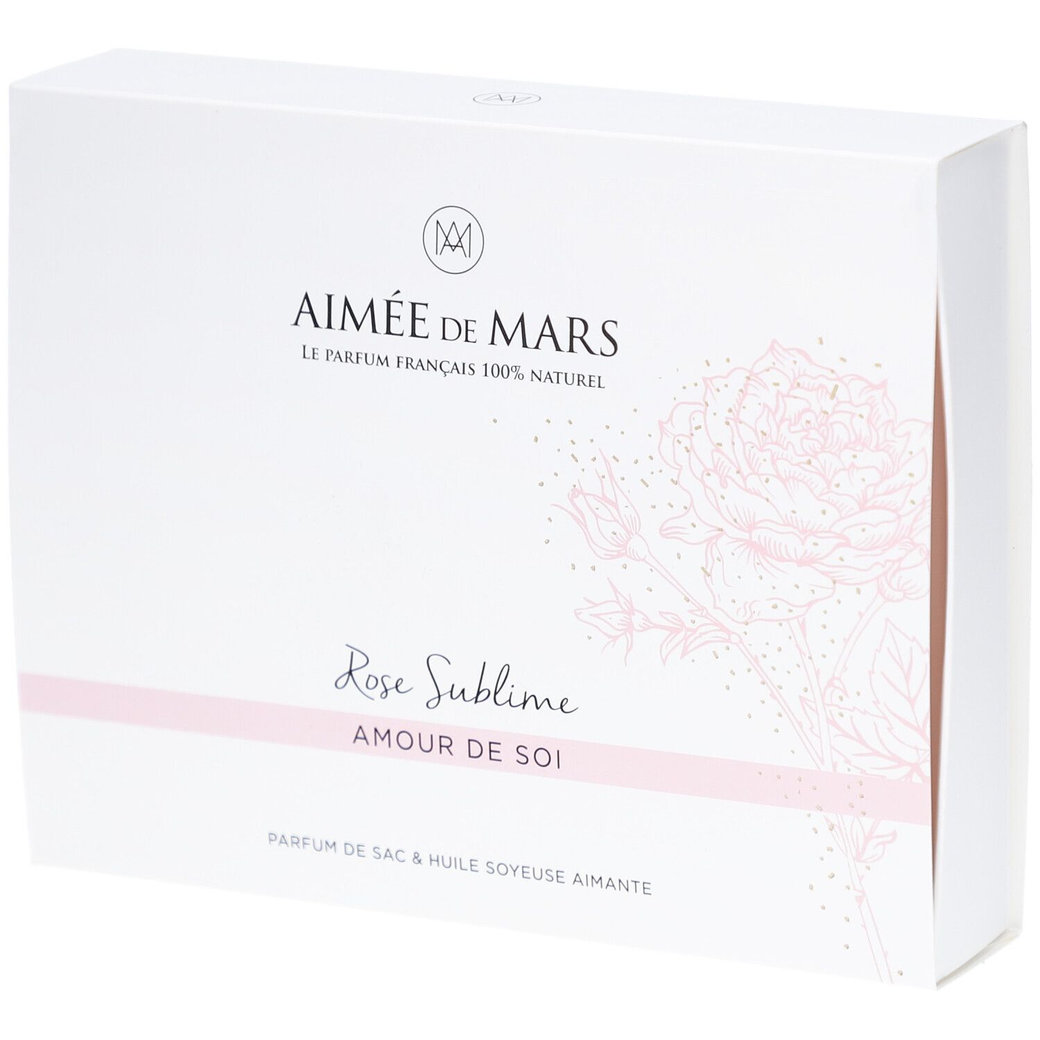 Coffret blanc avec logo et texte. Inscription : Aimée de Mars, Rose Sublime, Amour de Soi. Motif de rose rose.