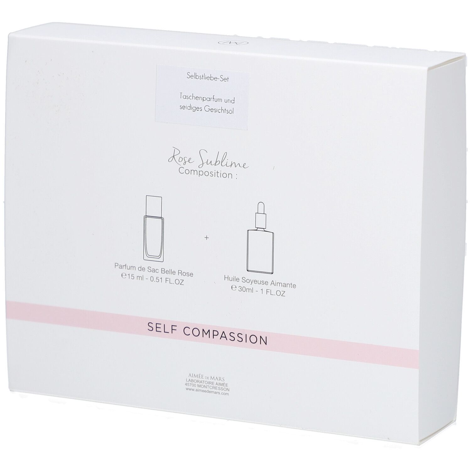 Dos du coffret blanc. Inscription : Rose Sublime, Self Compassion. Illustration de deux flacons.