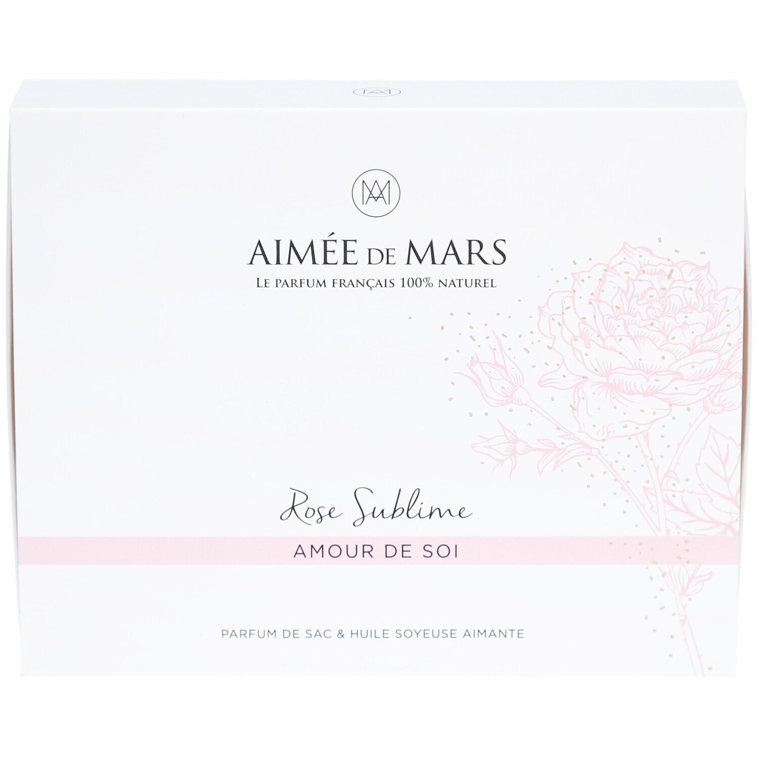 Coffret blanc avec logo et texte. Inscription : Aimée de Mars, Rose Sublime, Amour de Soi. Motif de rose rose.