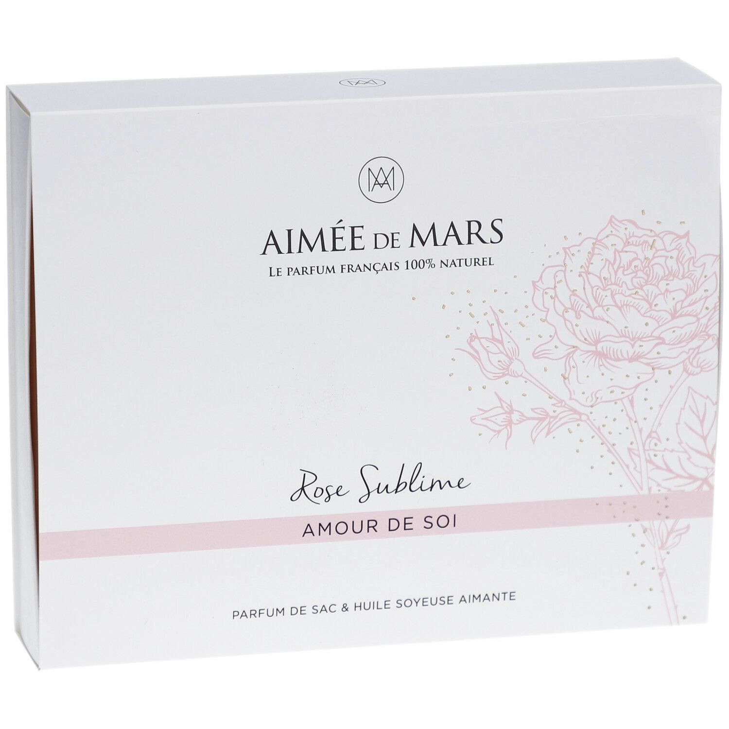Coffret blanc avec logo et texte. Inscription : Aimée de Mars, Rose Sublime, Amour de Soi. Motif de rose rose.