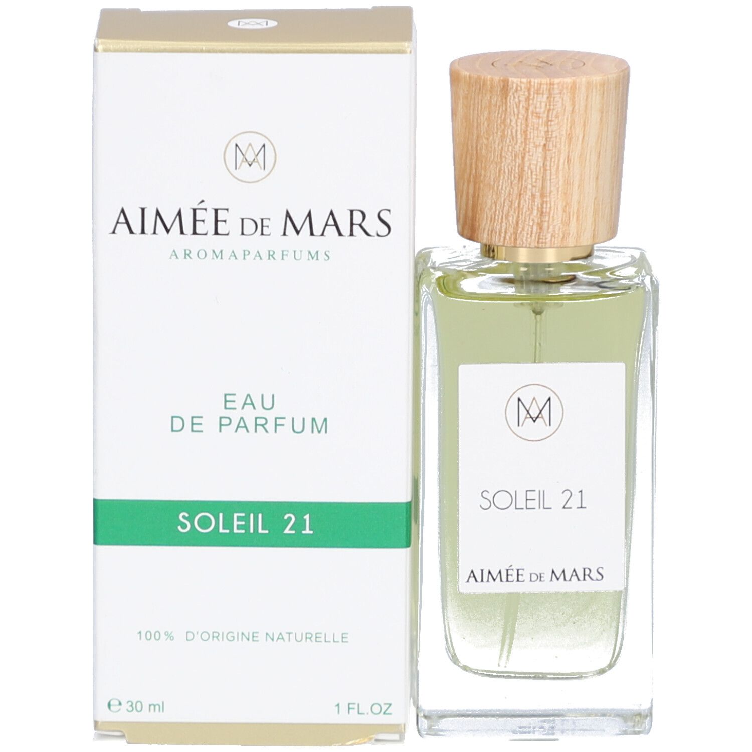 Produit et emballage. Flacon et boîte. Sur boîte: AIMÉE DE MARS, EAU DE PARFUM, SOLEIL 21. Logo: M. Certification.