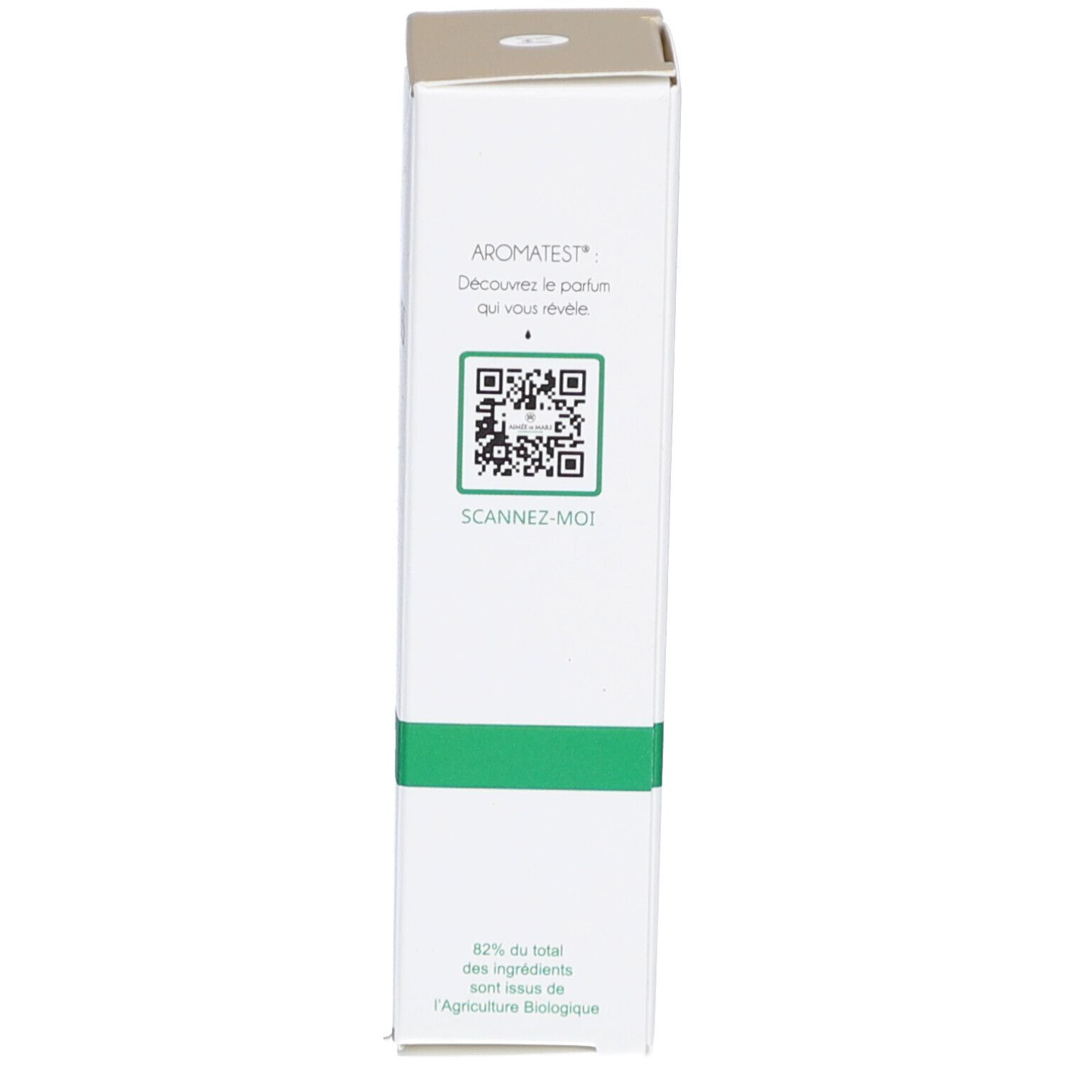 Côté de la boîte avec code QR et texte. Texte: AROMATEST. Certification COSMOS NATURAL. Ingrédients.