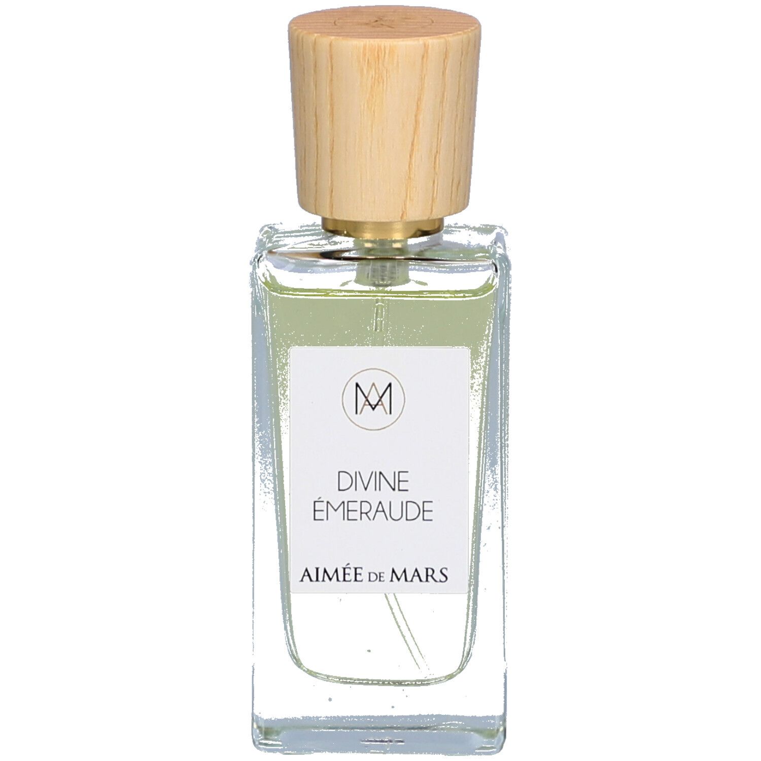 Flacon en verre avec bouchon en bois. Étiquette blanche avec logo, texte « Divine Émeraude » et « Aimée de Mars ». Liquide verdâtre.