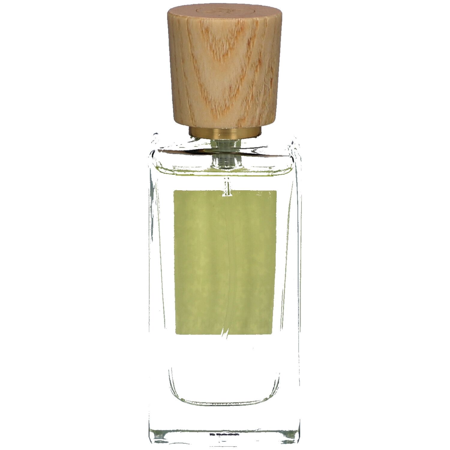 Flacon en verre avec bouchon en bois. Étiquette avec fond vert. Liquide dans le flacon.