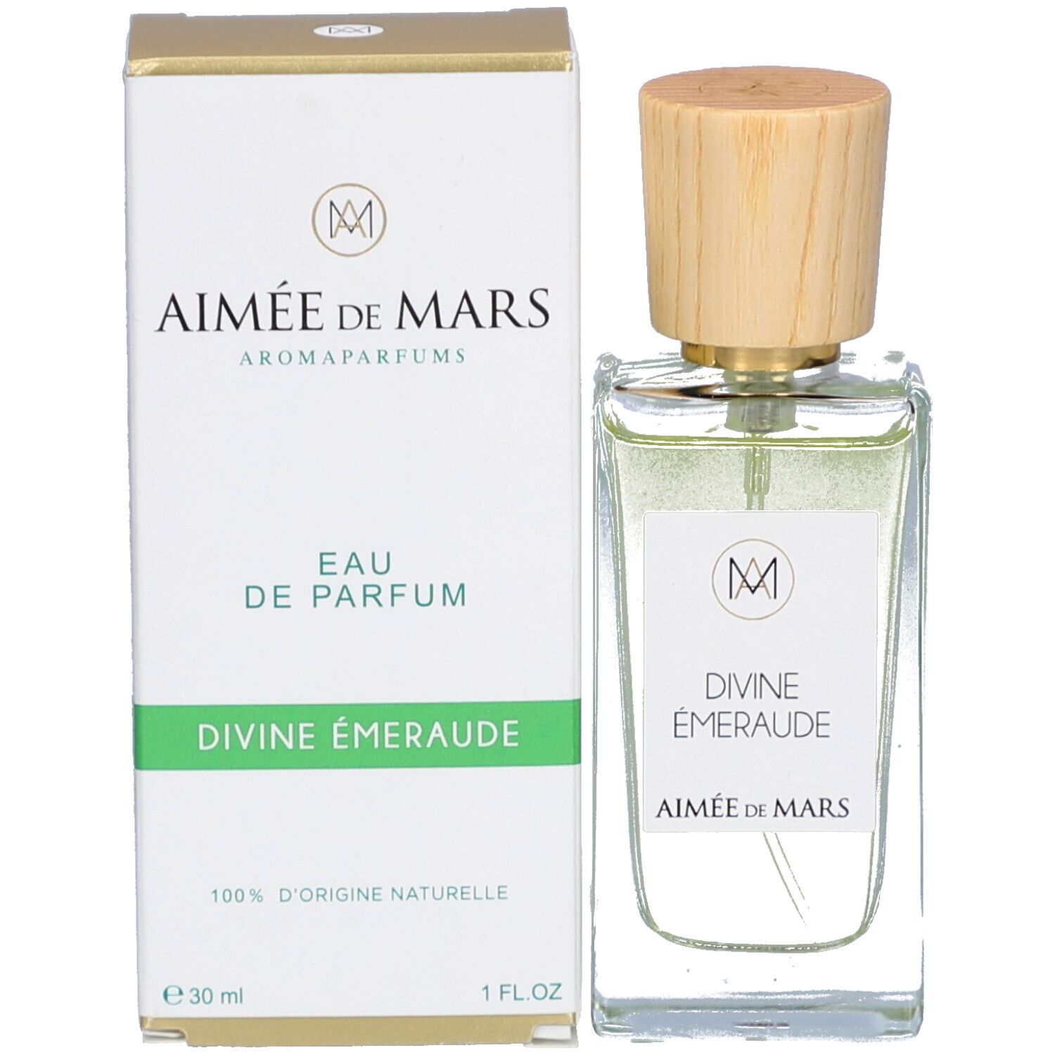 Emballage et flacon. Boîte blanche avec logo, texte « Aimée de Mars » et « Divine Émeraude ». Flacon avec bouchon en bois.
