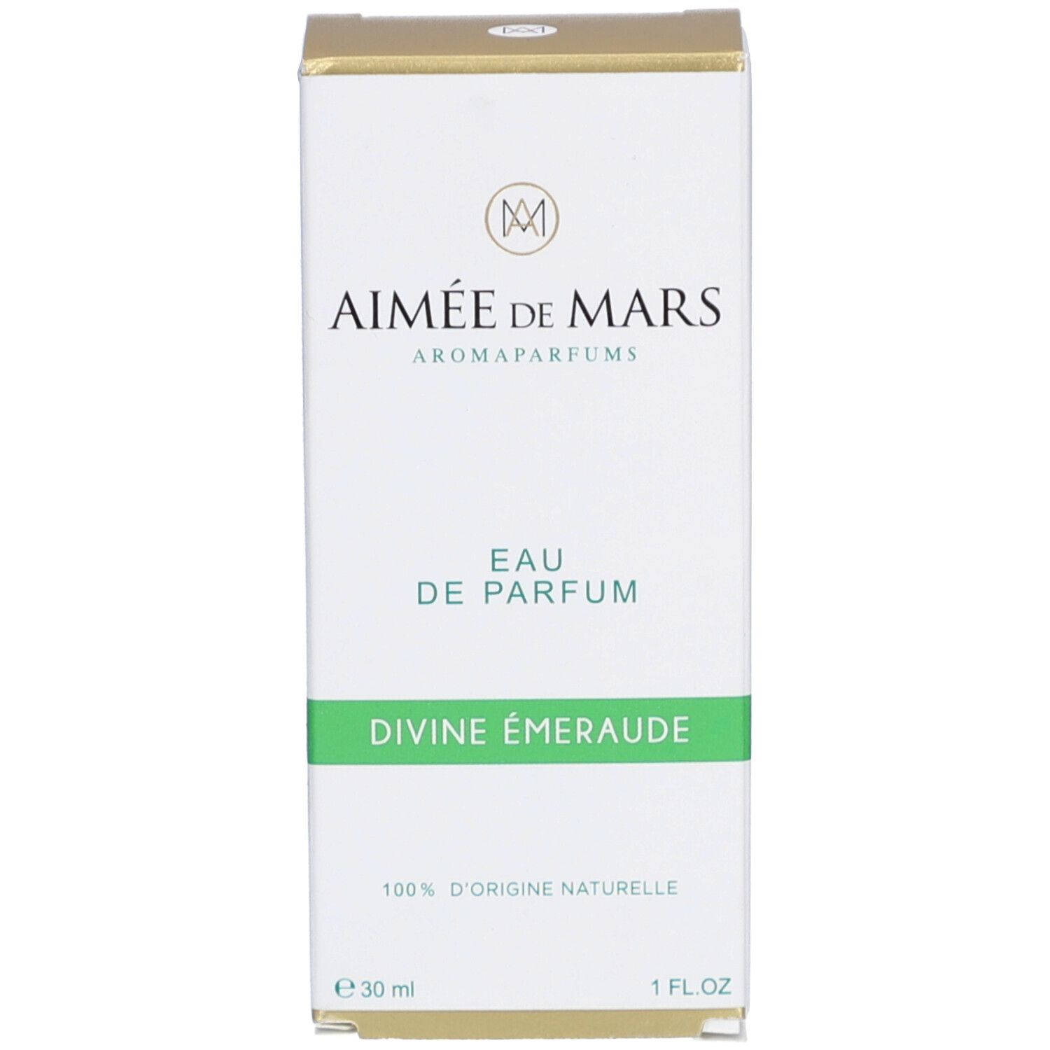 Emballage blanc. Logo, texte « Aimée de Mars » et « Divine Émeraude ». Ligne verte. Texte : « 100% d'origine naturelle ».