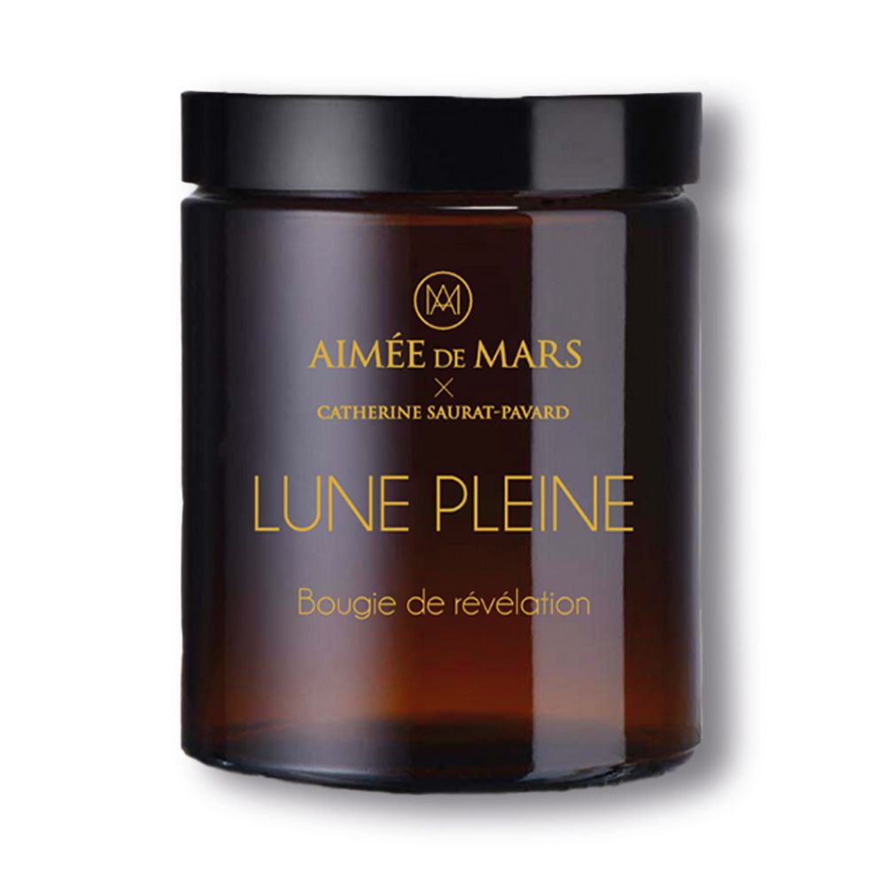 Bougie brune en pot de verre avec couvercle noir. Inscription: AIMÉE DE MARS, LUNE PLEINE, Bougie de révélation.