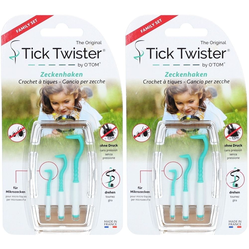 Deux paquets de crochets à tiques. Chaque paquet contient trois crochets de tailles différentes. Emballé sous blister.