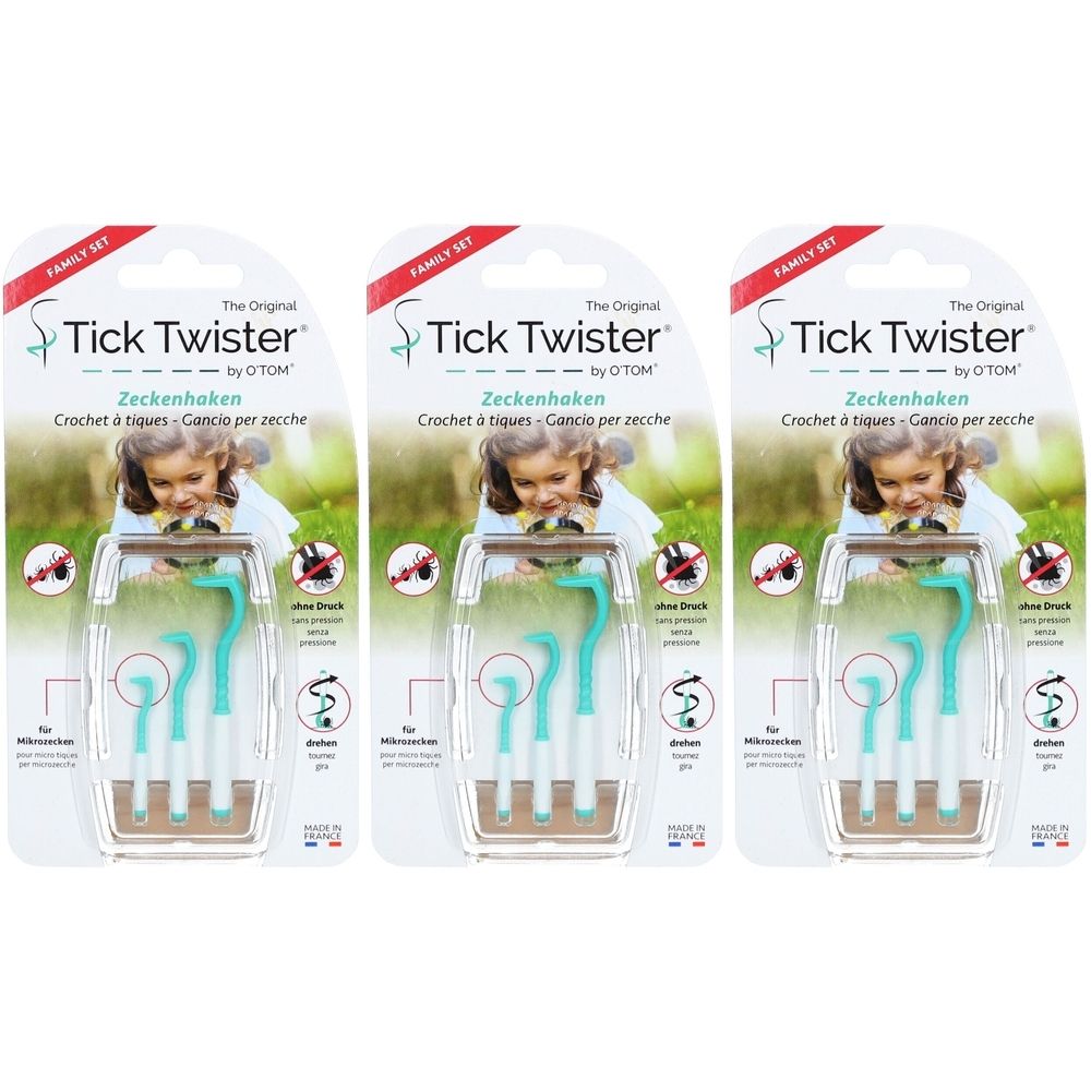 Trois emballages de Tick Twister O'TOM. Chaque emballage contient deux crochets turquoise et blancs. Emballage avec illustration du produit.