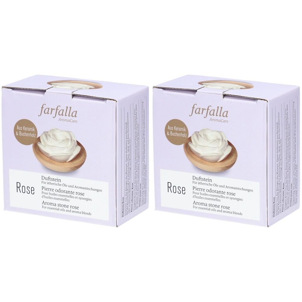 Deux boîtes du produit "farfalla AromaCare". Sur chaque boîte: Rose, pierre odorante, image d'une rose dans un bol.