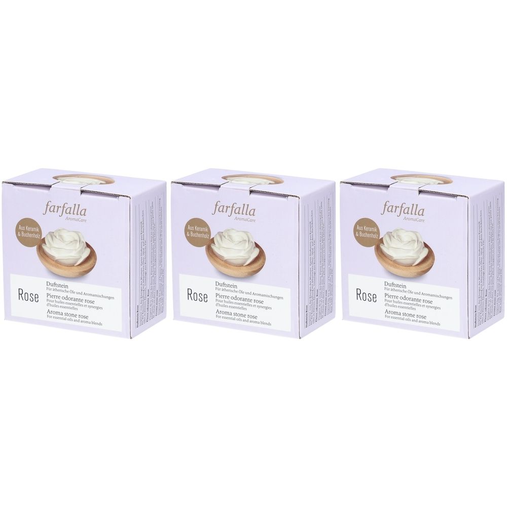 Trois boîtes violettes avec produit. Sur chaque boîte: Rose, AromaCare Pierre Odorante, marque farfalla.