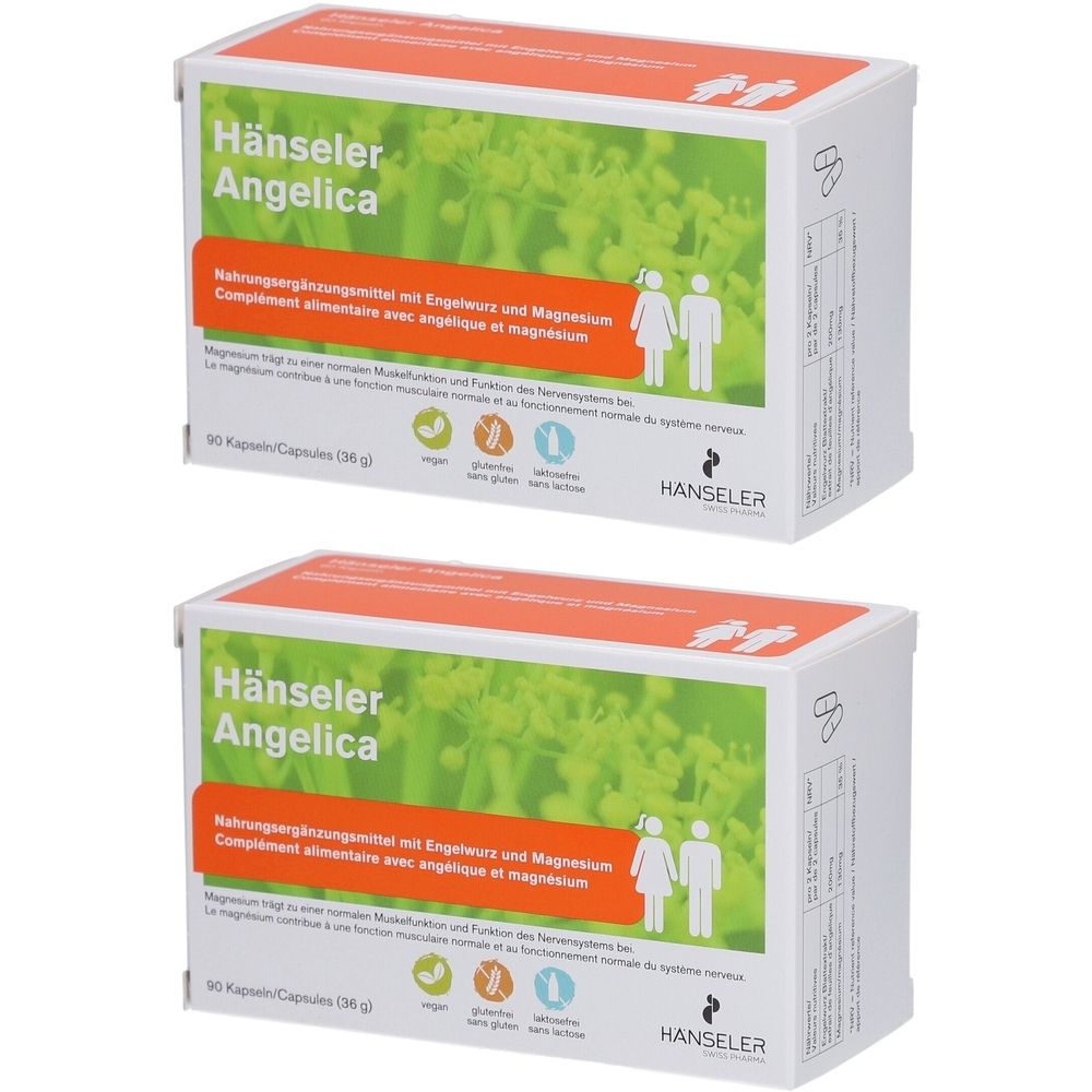 Deux boîtes de gélules Hänseler Angelica. Emballage blanc avec couvercle orange. Texte : Hänseler Angelica, complément alimentaire.