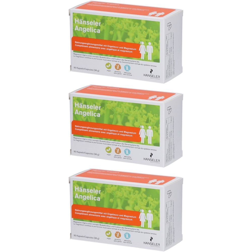 Trois boîtes de Hänseler Angelica Kapseln. Emballage blanc avec bande orange et feuilles vertes. Texte et pictogrammes.