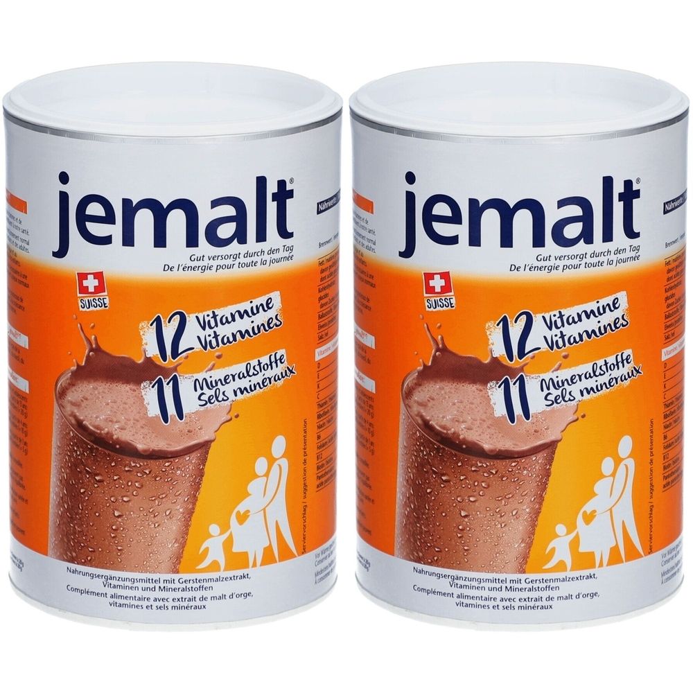 Deux boîtes de "jemalt". Inscription : 12 vitamines, 11 minéraux. Croix suisse.