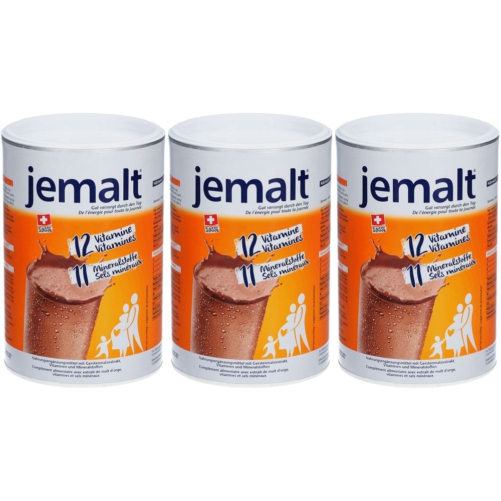 Trois boîtes de poudre JEMALT. Inscription : 12 vitamines, 11 minéraux. Illustration d'une boisson. Croix suisse.