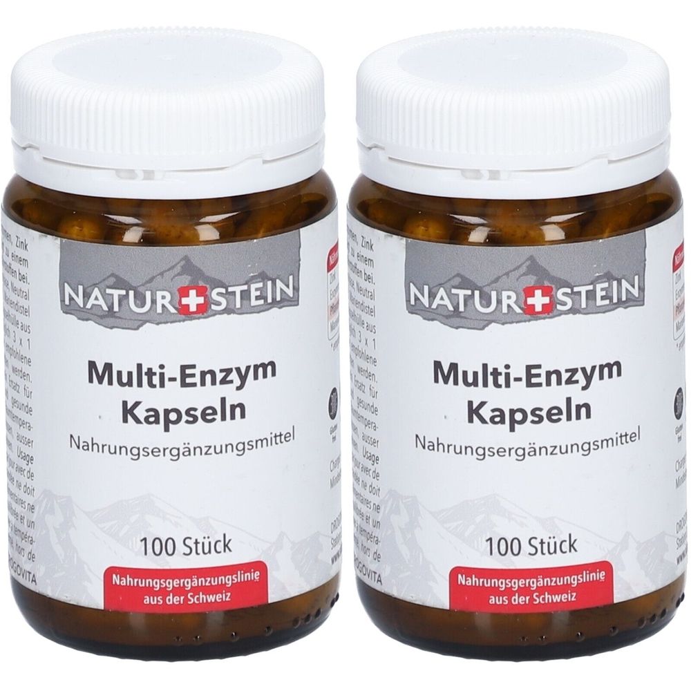 Deux flacons en verre brun avec des couvercles blancs. Les étiquettes indiquent "NATUR+STEIN Multi-Enzym Kapseln".
