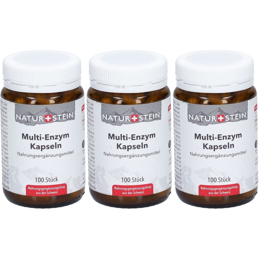 Trois flacons en verre brun avec des couvercles blancs. Étiquettes : "NATUR+STEIN Multi-Enzym Kapseln". Chaque flacon contient 100 pièces.