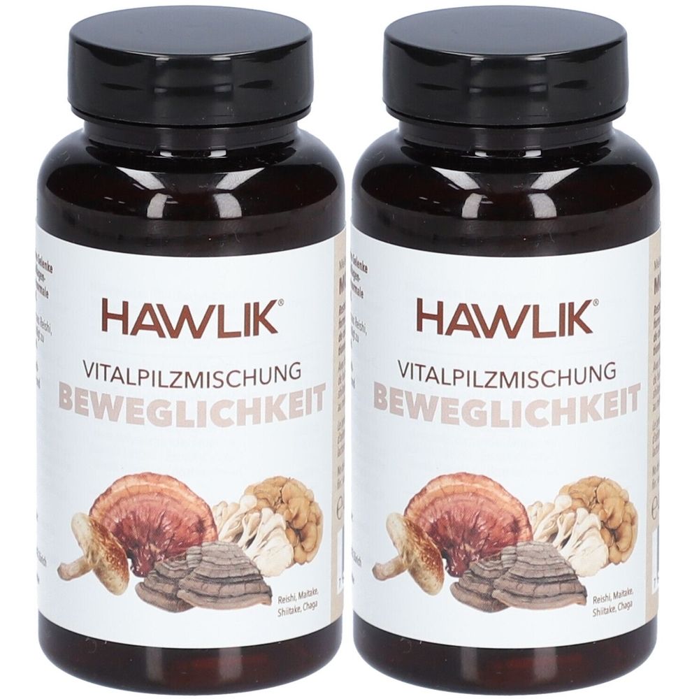 Deux flacons bruns avec couvercles noirs. Inscription : HAWLIK Vitalpilzmischung Beweglichkeit. Illustration de champignons.
