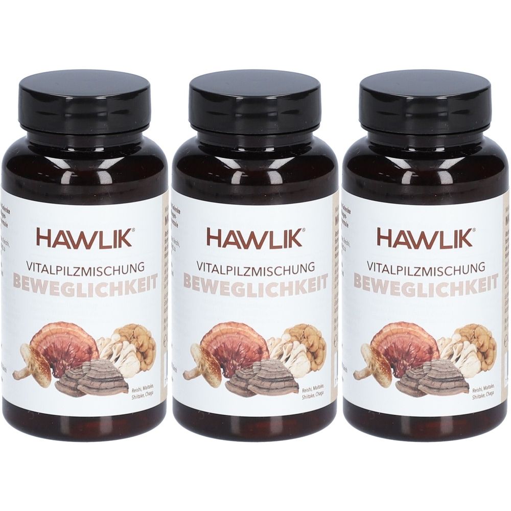 Trois flacons bruns avec des couvercles noirs. Les étiquettes indiquent "HAWLIK Vitalpilzmischung Beweglichkeit".