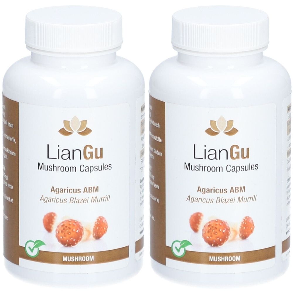 Deux flacons blancs avec étiquettes marron. Inscription : LianGu Mushroom Capsules, Agaricus ABM. Illustration de champignons.