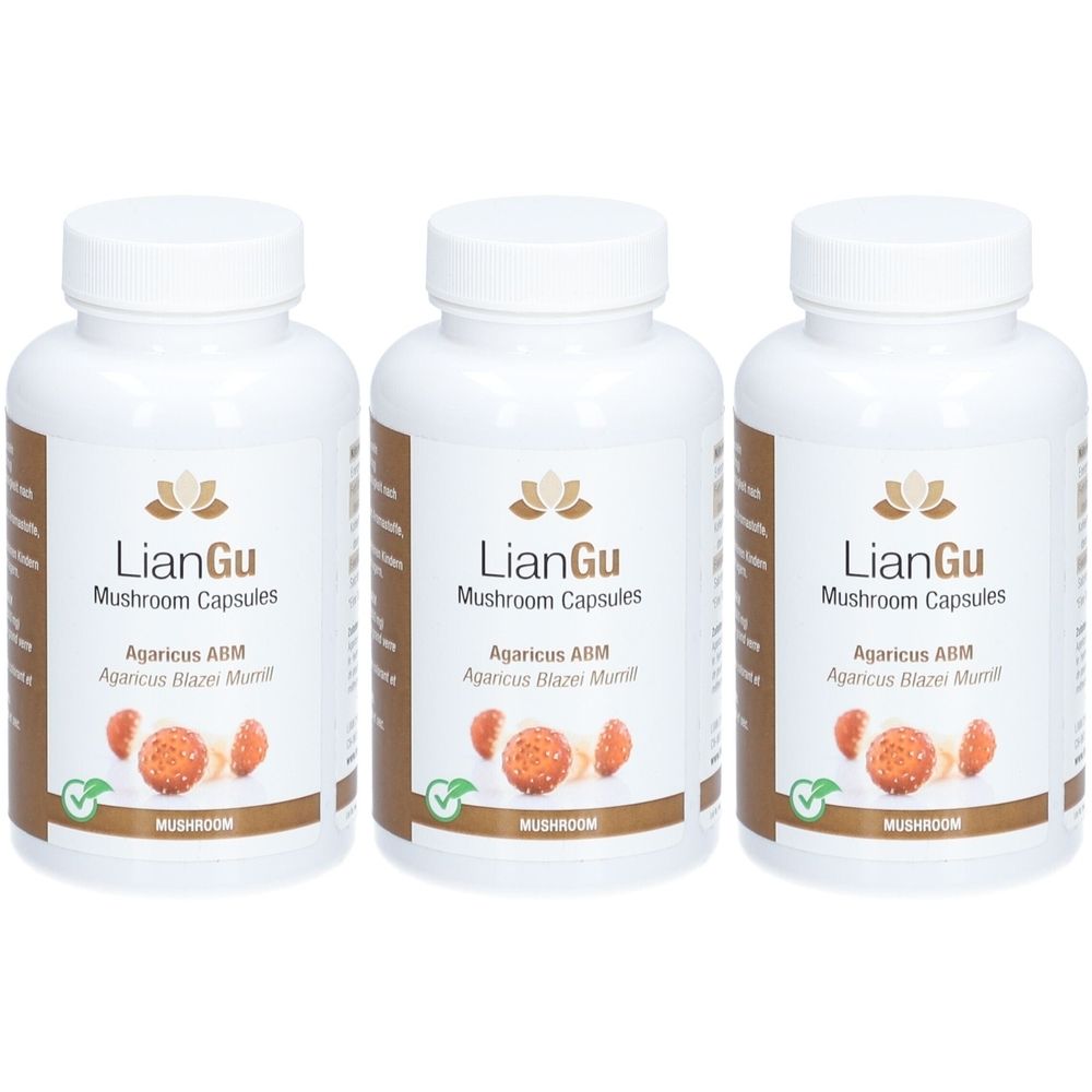 Trois flacons blancs avec bouchons à vis. Les étiquettes indiquent "LianGu Mushroom Capsules" et "Agaricus ABM".