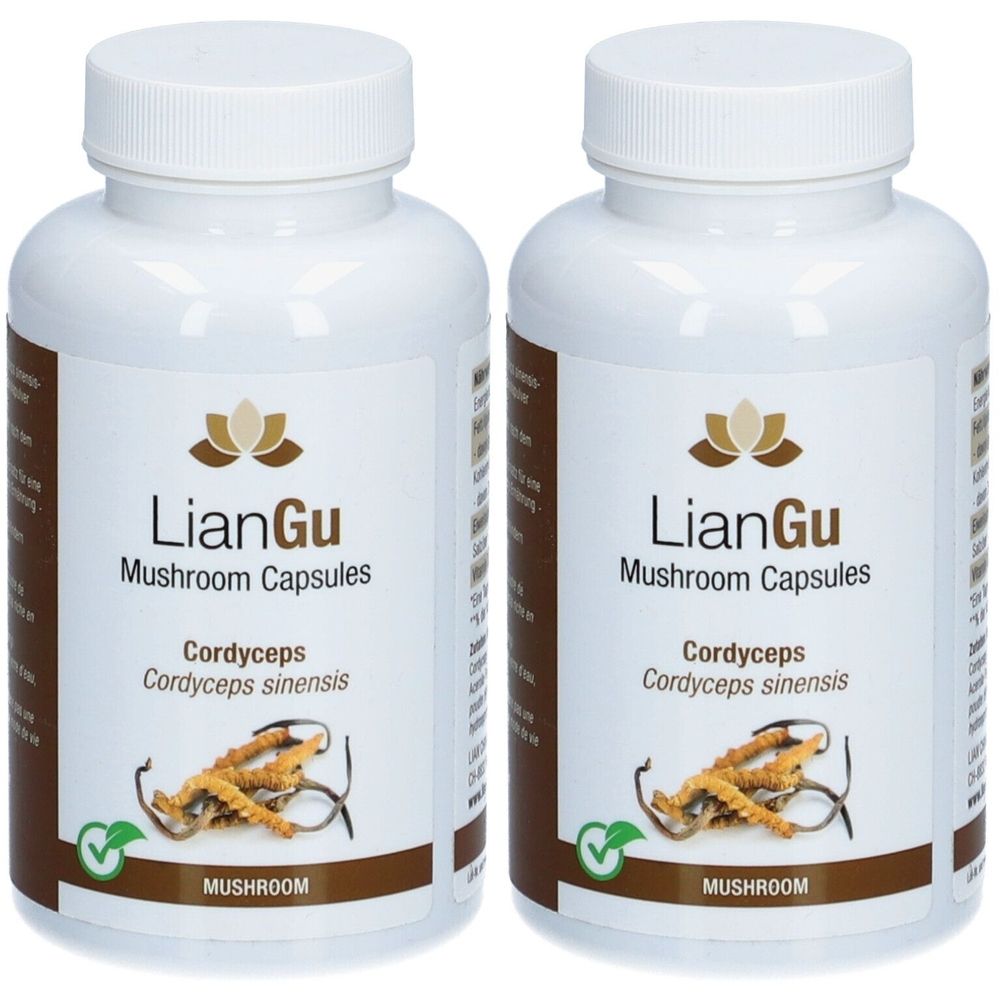 Deux flacons blancs avec étiquettes marron. Inscription : LianGu Mushroom Capsules, Cordyceps sinensis. Case à cocher verte.