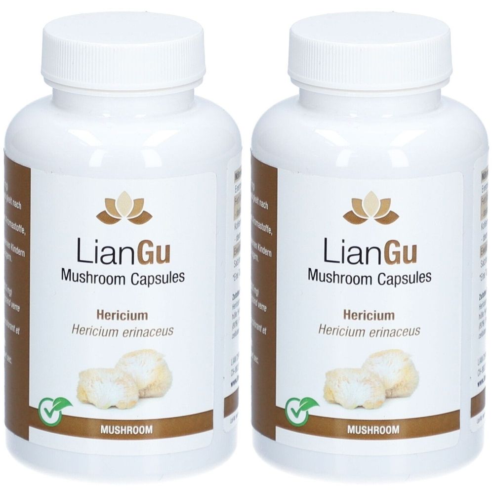Deux flacons blancs avec bouchons à vis. Inscription : LianGu Mushroom Capsules, Hericium erinaceus. En dessous, image de champignon.