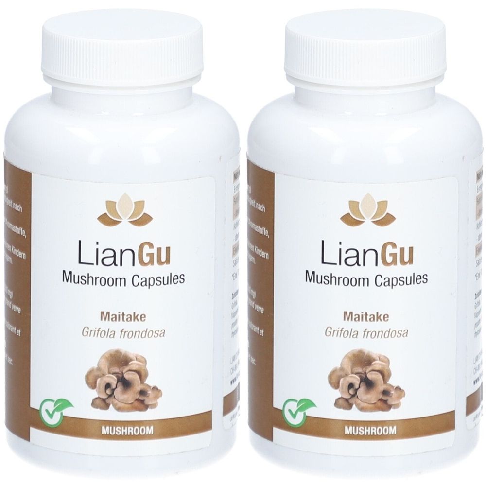 Deux flacons blancs avec étiquettes. Inscription : LianGu Mushroom Capsules, Maitake Grifola frondosa. Sceau vert.