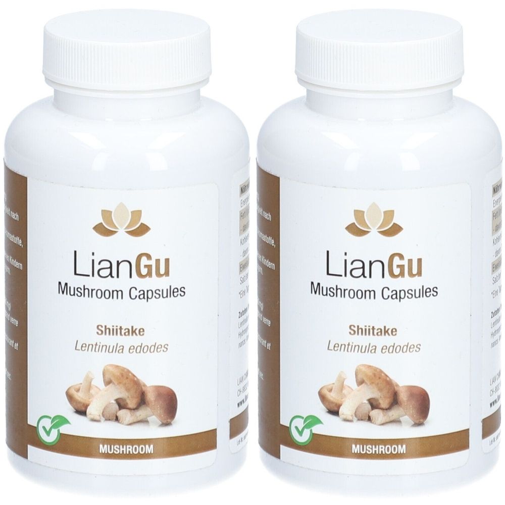 Deux flacons blancs de gélules. Inscription : LianGu Mushroom Capsules, Shiitake, Lentinus edodes. Illustration de champignons.