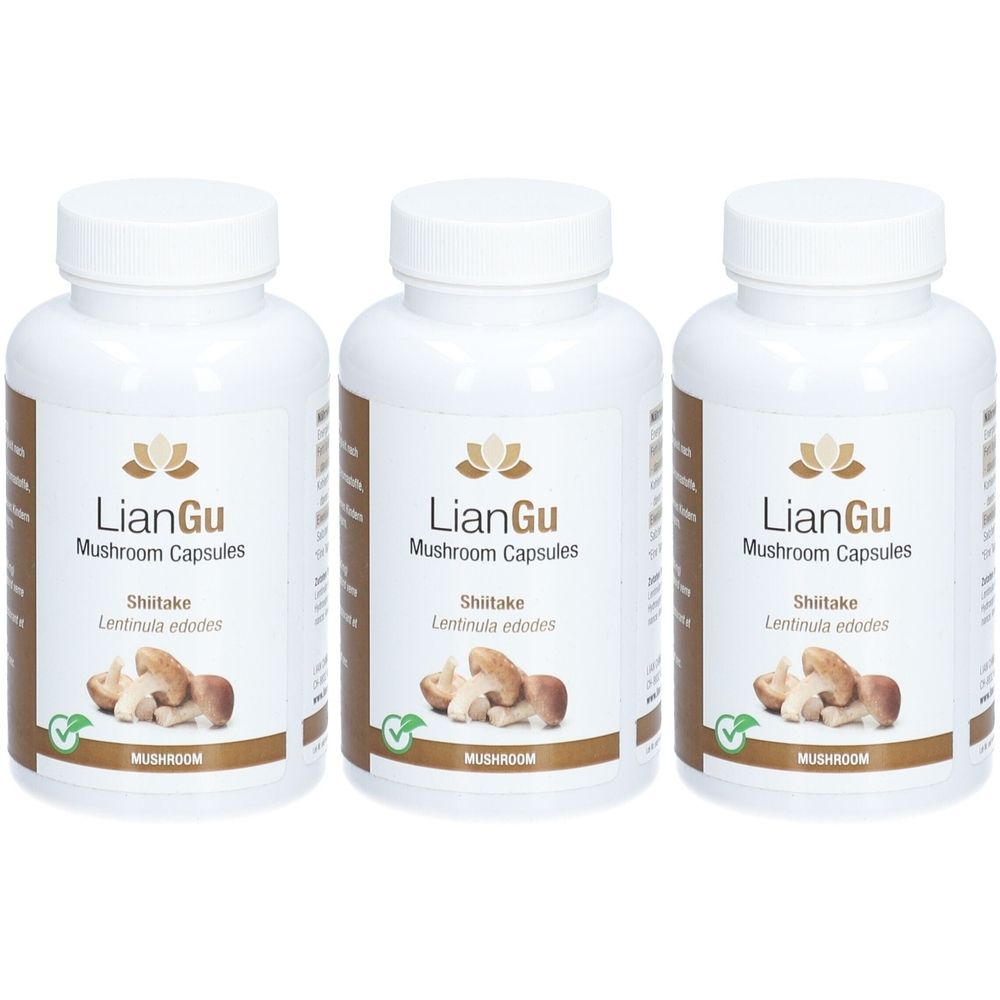 Trois flacons blancs avec bouchons à vis. Chaque flacon porte l'inscription "LianGu Mushroom Capsules Shiitake". En dessous, une image de champignons shiitake.