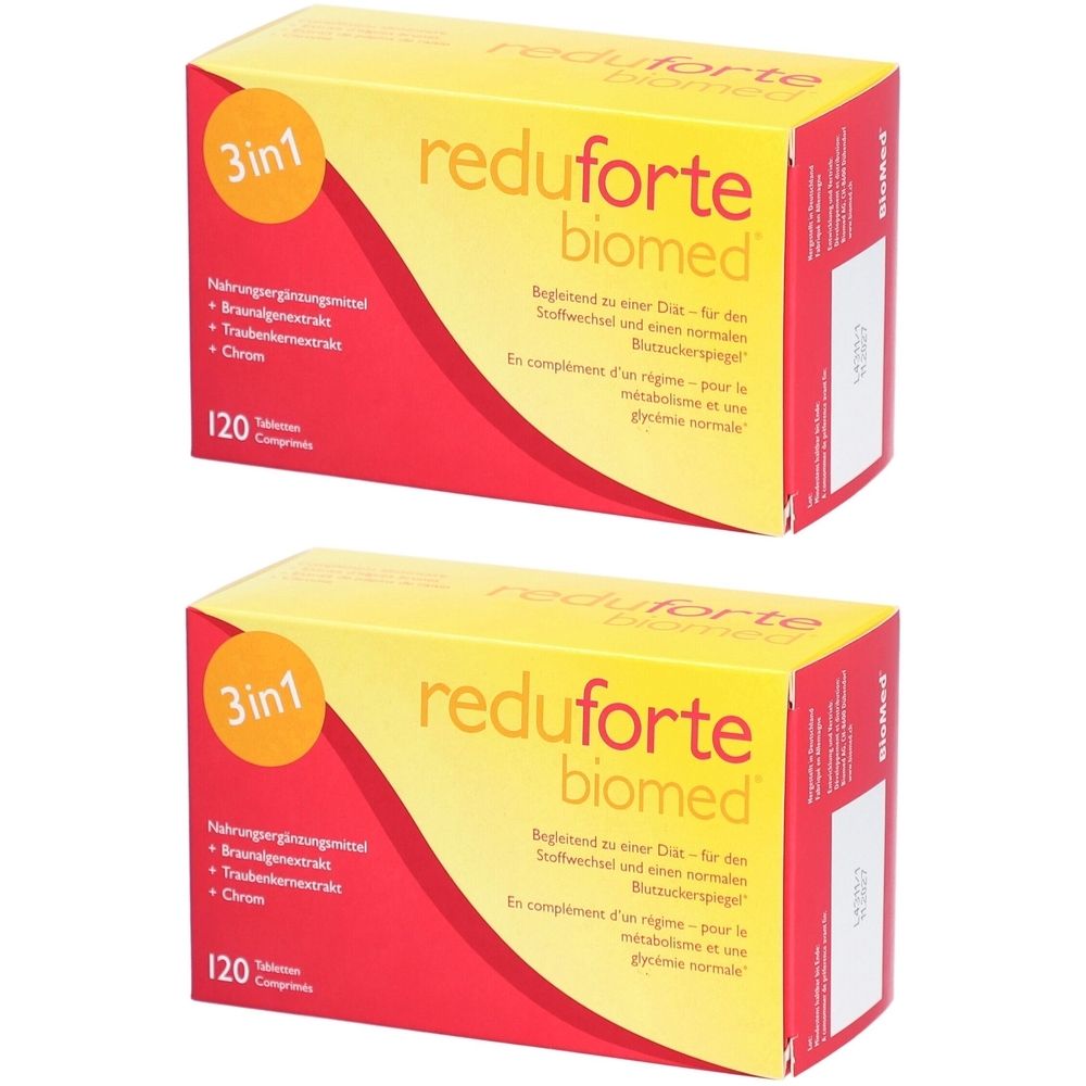 Deux boîtes jaune et rouge. Inscription: reduforte biomed, 3en1, 120 comprimés. Contient des compléments alimentaires.