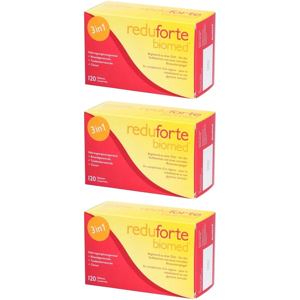 Trois boîtes Reduforte Biomed. Emballage jaune et rouge avec nom du produit et 120 comprimés. Logo 3 en 1.
