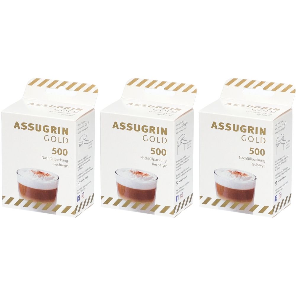 Trois boîtes blanches avec l'inscription ASSUGRIN GOLD 500. Une boisson avec de la mousse est illustrée sur les boîtes.