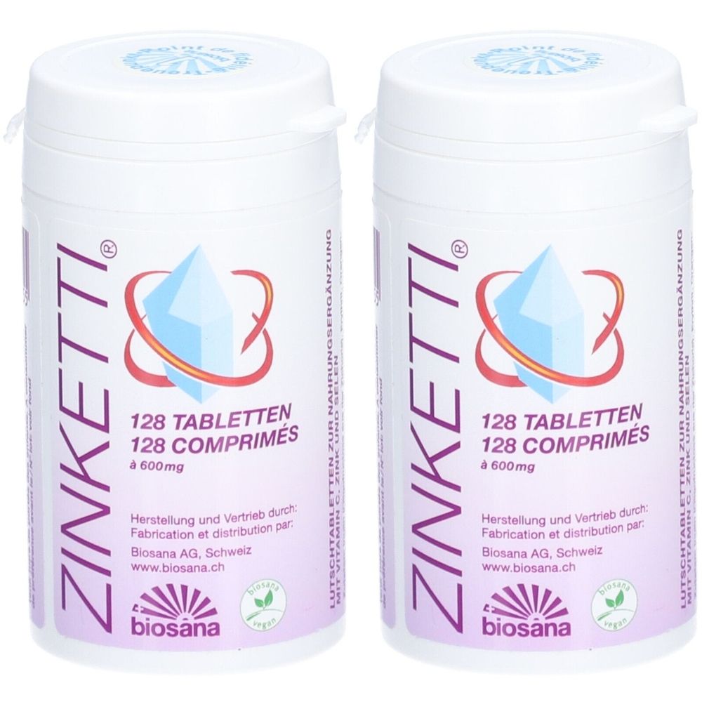 Deux flacons blancs de comprimés ZINKETTI. Contient 128 comprimés. Logo Biosana et informations.