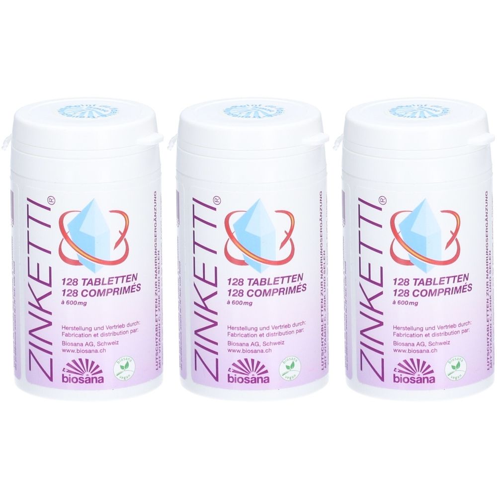 Trois flacons blancs ZINKETTI, 128 comprimés. Logo cristal bleu et contour rouge. Marque: biosana. Texte en allemand et français.