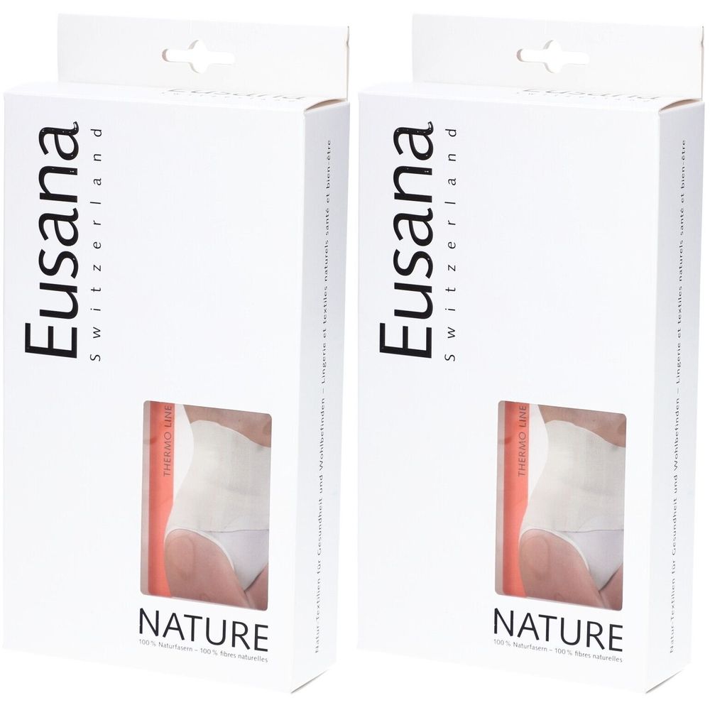 Deux boîtes blanches avec fenêtre. Inscription : Eusana Switzerland, NATURE. Image du produit visible.