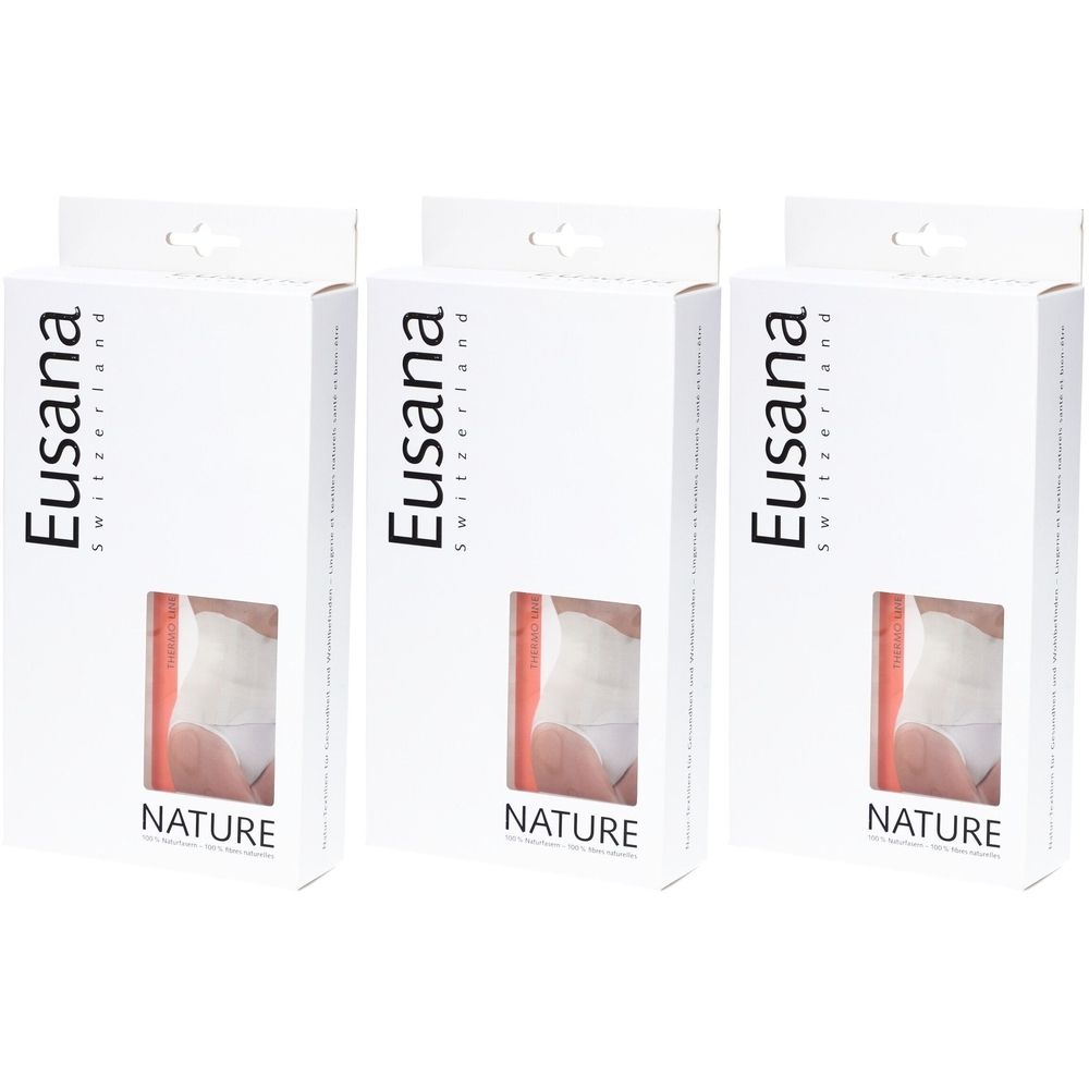 Trois boîtes blanches avec fenêtre. Inscription: Eusana Switzerland, NATURE. Ceinture thermo visible.