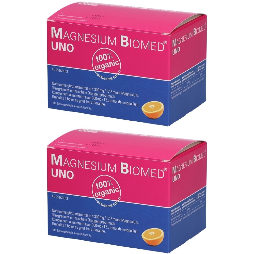 Deux boîtes de MAGNESIUM BIOMED UNO. Emballage rose avec texte et orange. Contient 40 sachets. Inscription : 100% organic.