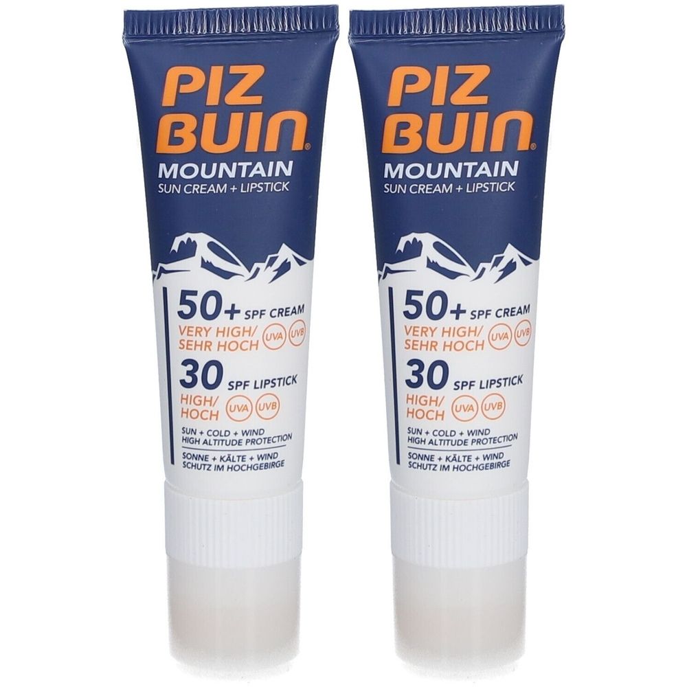 Deux tubes de crème solaire et de stick à lèvres. Tube bleu avec texte blanc. Contient crème SPF 50+ et stick à lèvres SPF 30.