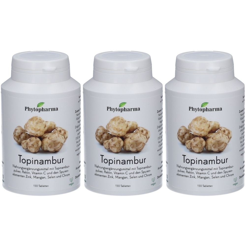 Trois flacons blancs de Topinambur. Le logo Phytopharma est visible sur chaque flacon. Chaque flacon contient 150 comprimés.
